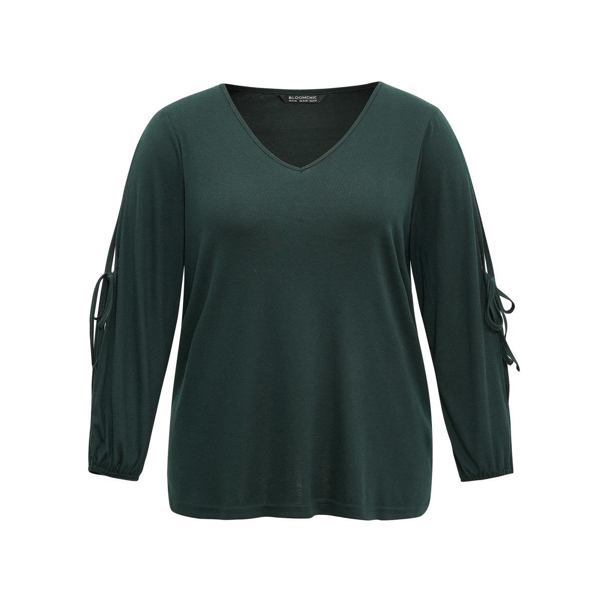 Plus Size Solid V Neck Knot Ties T-shirt DarkGreen Women Elegant Elastic cuffs Plain V-neck Everyday T-shirts BloomChic 12/L Product Image