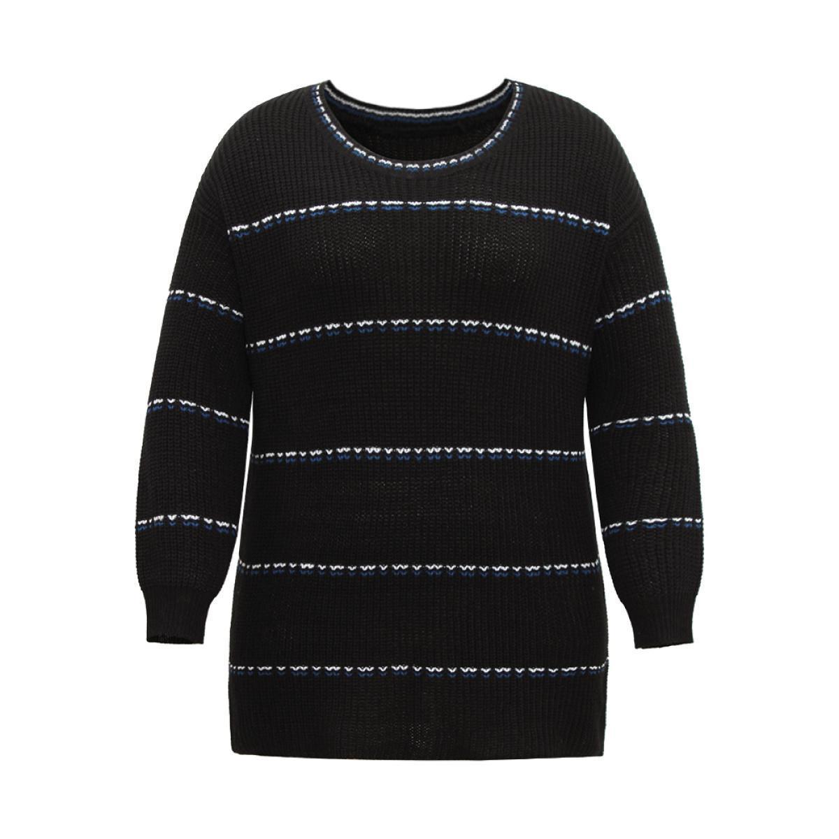 Plus Size Contrast Striped Round Neck Elastic Cuffs Pullover Black Women Casual Loose Long Sleeve Everyday Pullovers BloomChic 14-16/1X Product Image