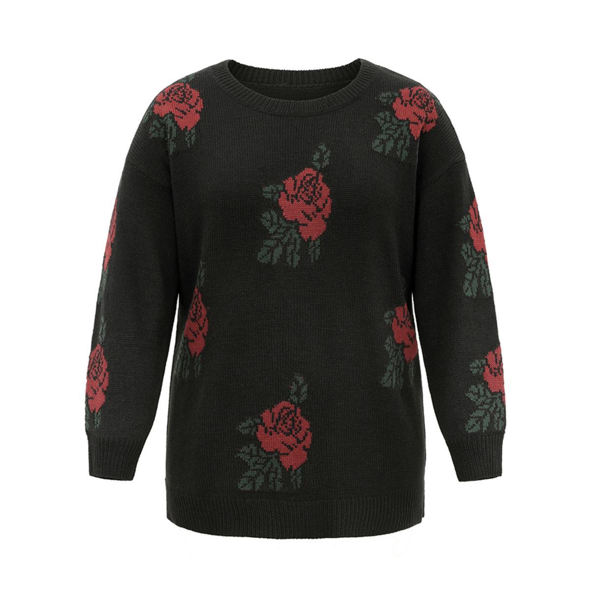 Plus Size Rose Jacquard Crew Neck Drop Shoulder Pullover Black Women Casual Long Sleeve Round Neck Everyday Pullovers BloomChic 12/L Product Image
