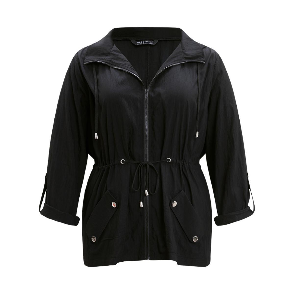 Plus Size Plain Hooded Zipper Drawstring Tab Sleeve Coat Women Black Plain Pocket Everyday Jackets BloomChic 26/4X Product Image