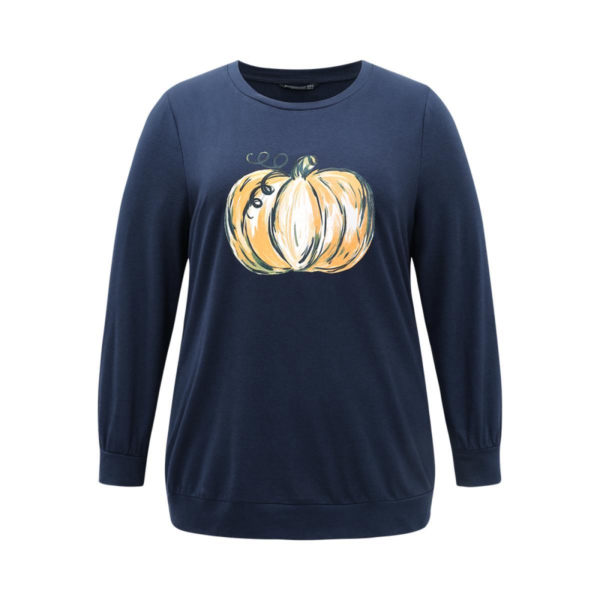Plus Size Round Neck Pumpkin Print Sweatshirt Women Indigo Casual Printed Dailywear Sweatshirts BloomChic 18-20/2X Product Image