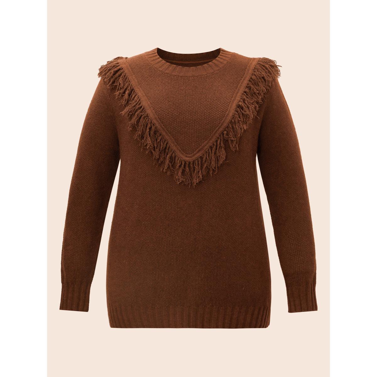 Plus Size Tassel-Front High Neck Pullover DarkBrown Women Casual Long Sleeve Round Neck Everyday Pullovers BloomChic 30/6X Product Image
