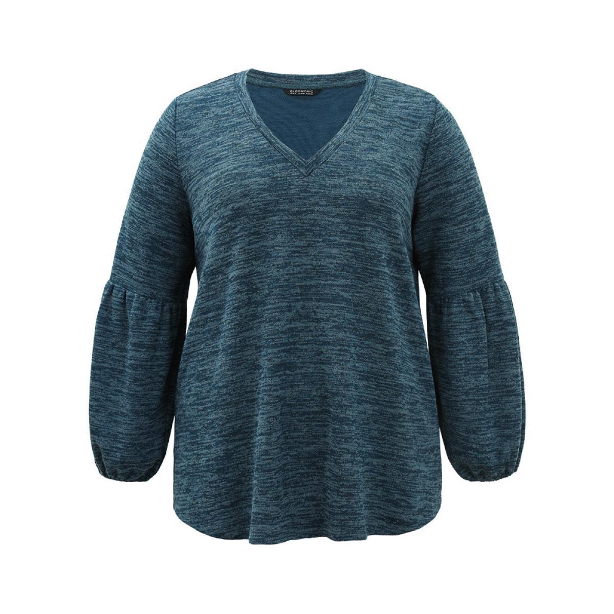 Plus Size Heather V Neck Lantern Sleeve Sweatshirt Women Red Casual Elastic cuffs V-neck Dailywear Sweatshirts BloomChic 22-24/3X Product Image