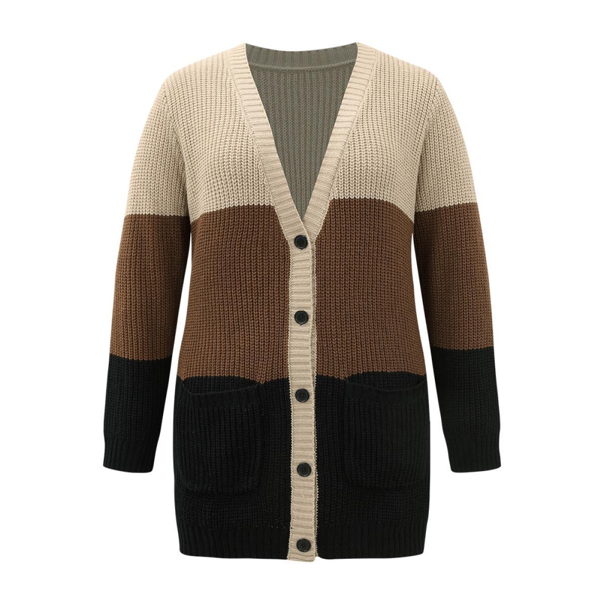Plus Size Contrast Button Through Patched Pocket Cardigan Multicolor Women Casual Loose Long Sleeve Dailywear Cardigans BloomChic 14-16/1X Product Image