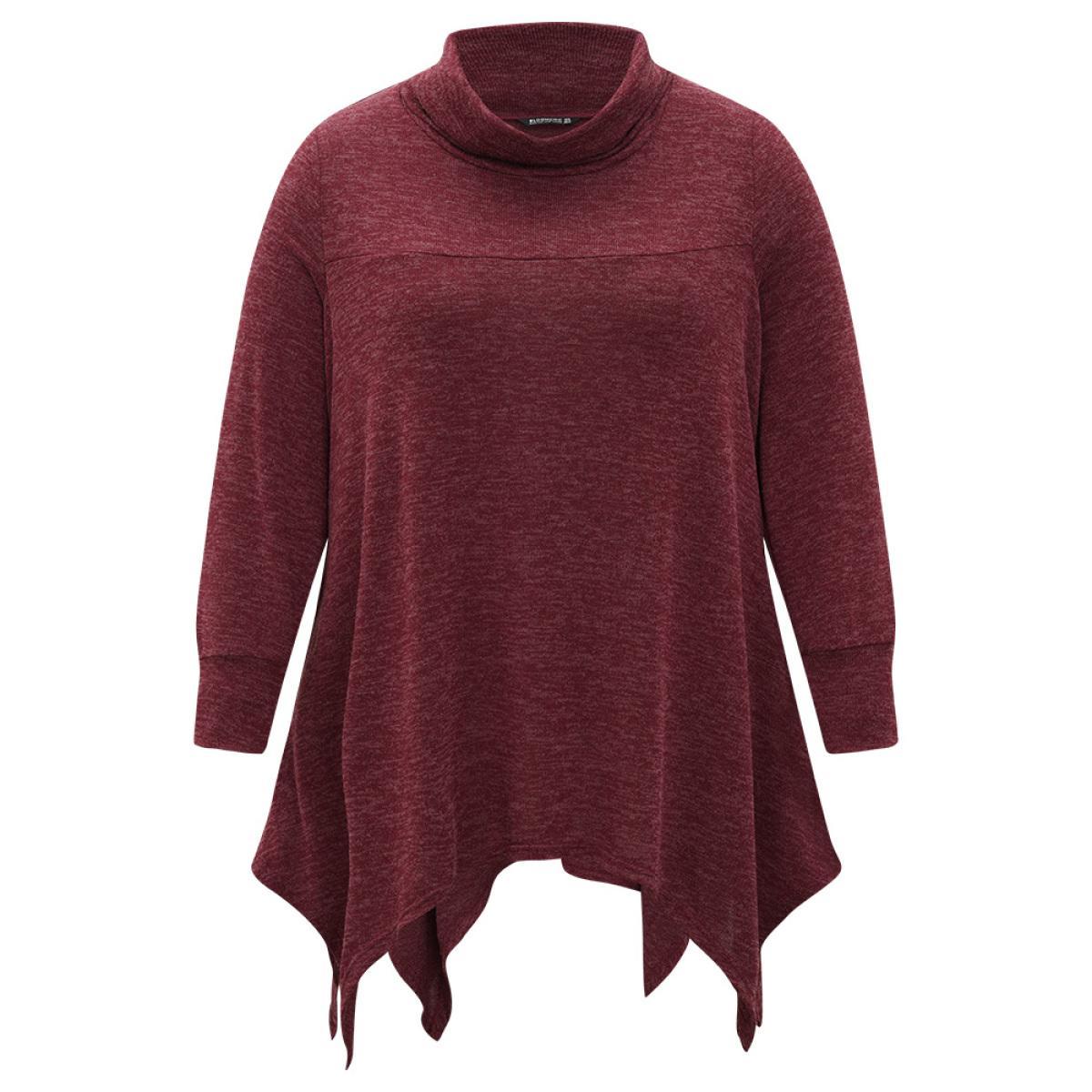 Plus Size Solid Turtleneck Pocket Hanky Hem Sweatshirt Women Scarlet Elegant Elastic cuffs Overlap Collar Dailywear Sweatshirts BloomChic 14-16/1X Product Image