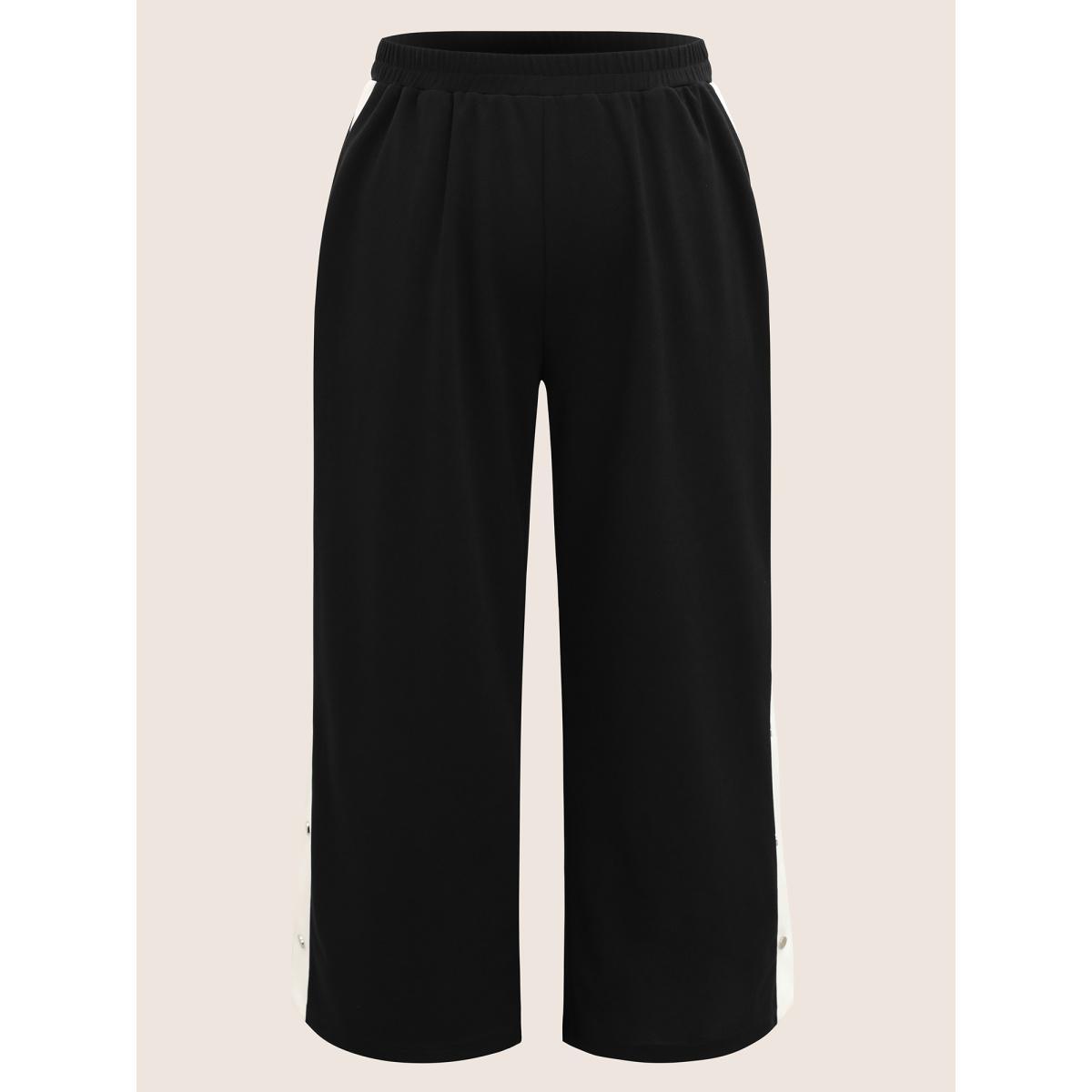 Plus Size Contrast Snap Button Side Wide Leg Pants Women Black Casual Wide Leg High Rise Everyday Pants BloomChic 18-20/2X Product Image