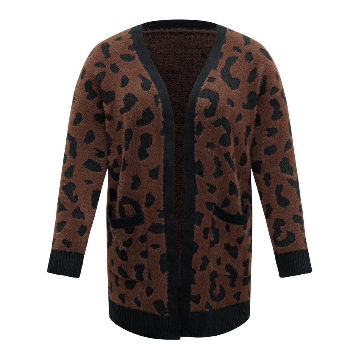 Plus Size Leopard Contrast Open Front Jacquard Cardigan DarkBrown Women Casual Loose Long Sleeve Everyday Cardigans BloomChic 30/6X Product Image