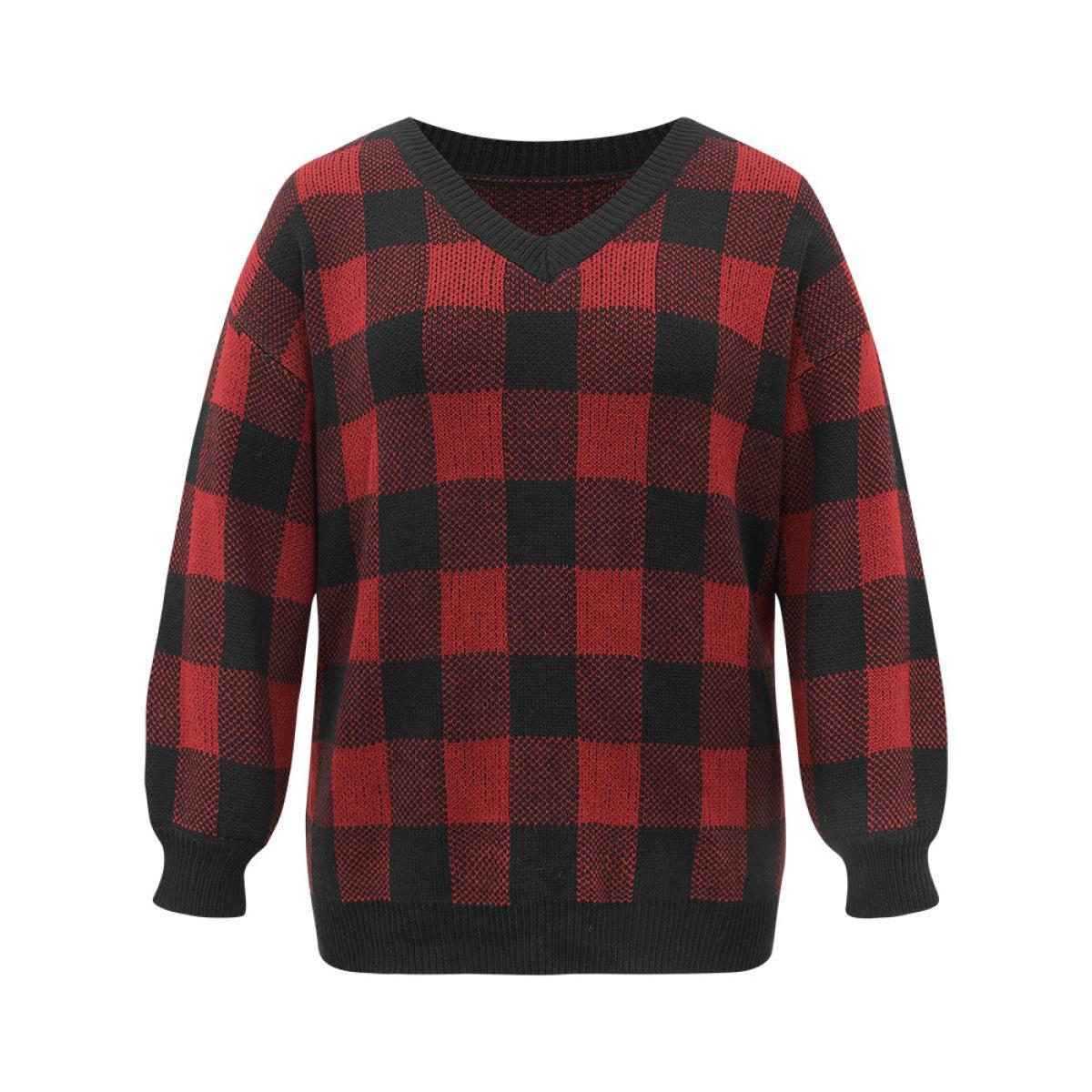 Plus Size Plaid V Neck Lantern Sleeve Loose Pullover Burgundy Women Casual Loose Long Sleeve V-neck Dailywear Pullovers BloomChic 10/M Product Image
