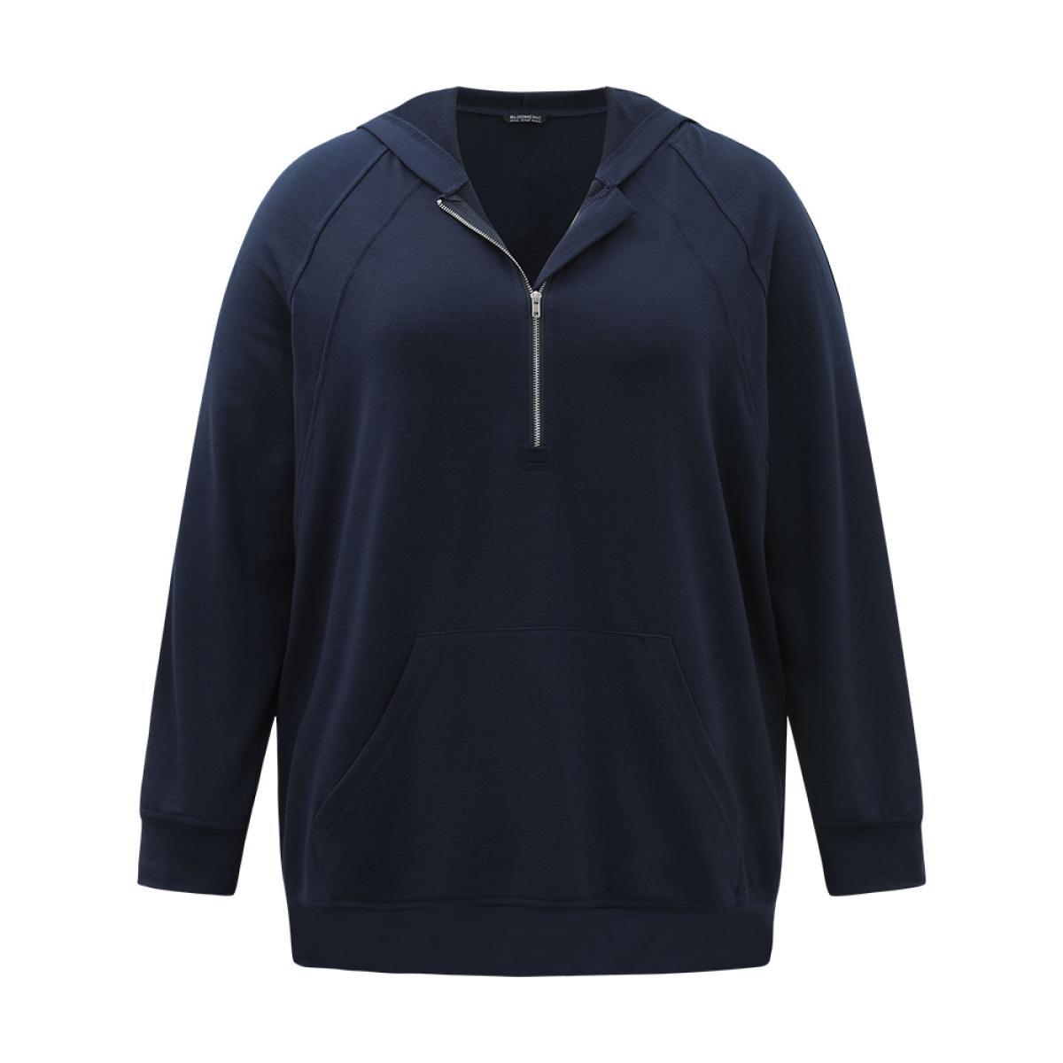 Plus Size Solid Half Zip Hooded Pocket Raglan Sleeve Sweatshirt Women Indigo Casual Elastic cuffs Hooded Dailywear Sweatshirts BloomChic 22-24/3X Product Image