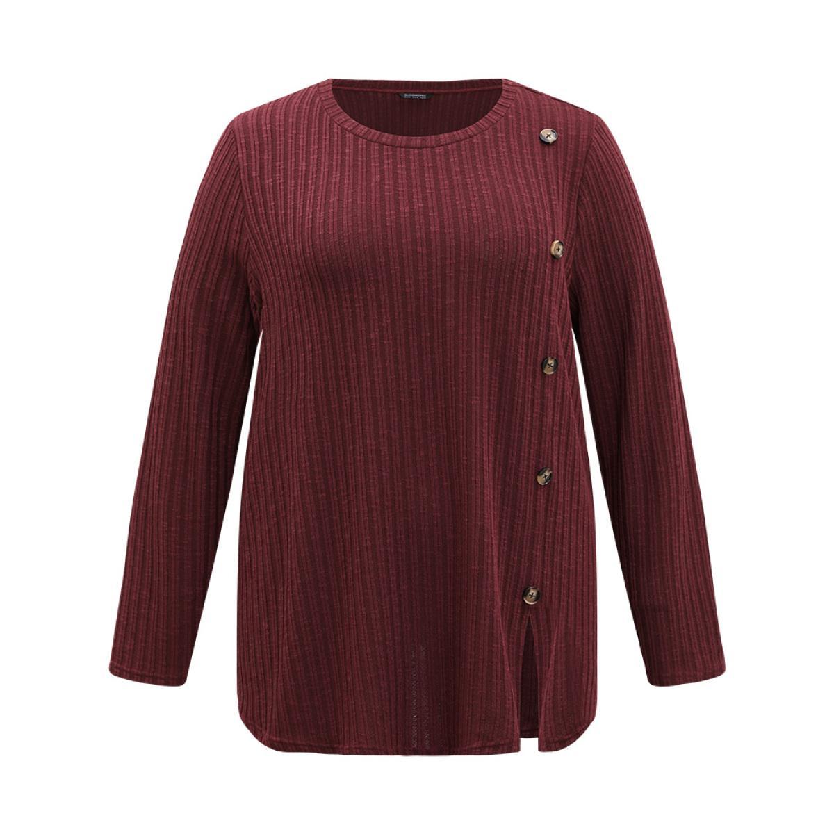 Plus Size Rib Knit Button Detail Split Side T-shirt Burgundy Women Casual Texture Plain Round Neck Dailywear T-shirts BloomChic 14-16/1X Product Image