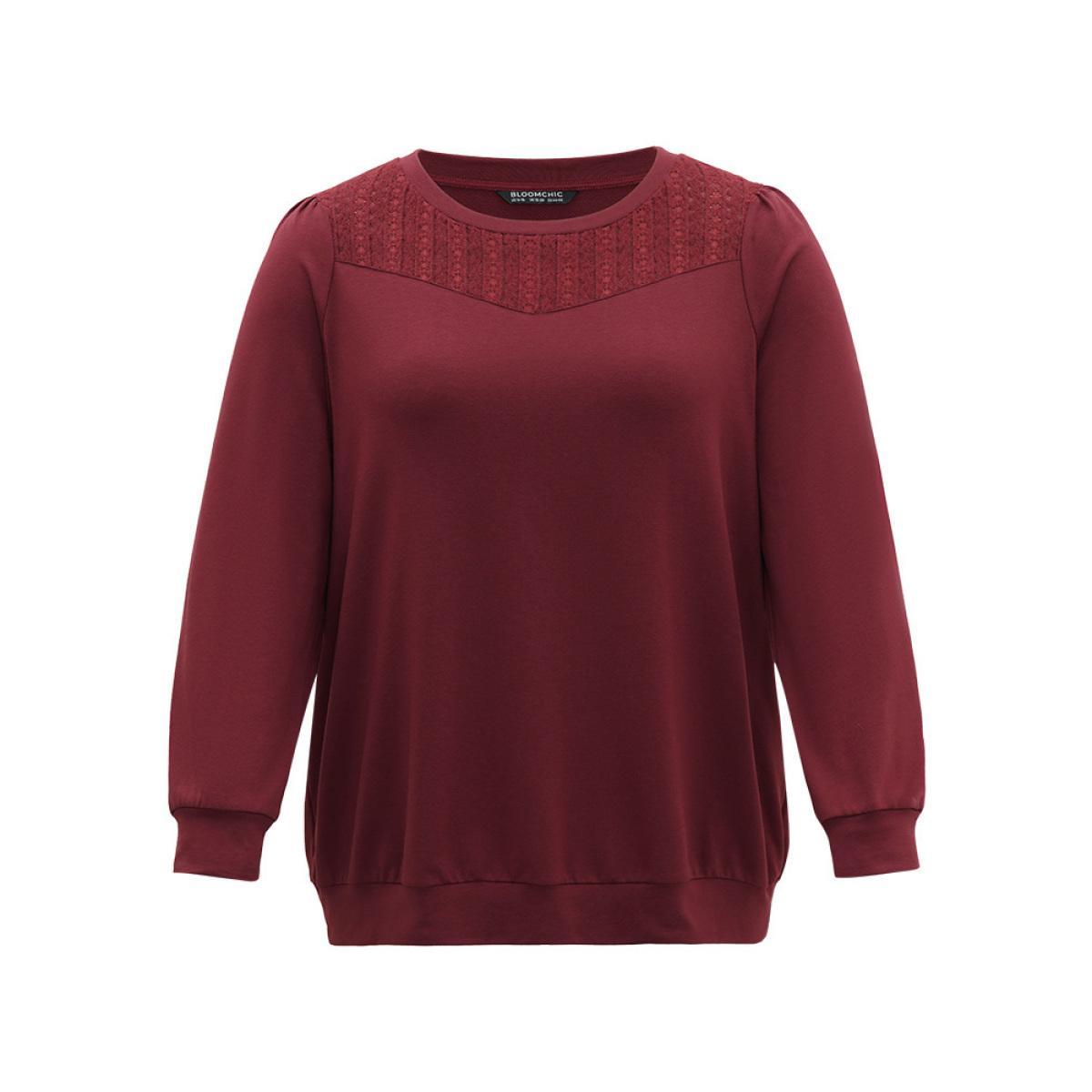 Plus Size Plain Eyelet Lace Crew Neck Sweatshirt Women Burgundy Elegant Elastic cuffs Round Neck Dailywear Sweatshirts BloomChic 14-16/1X Product Image