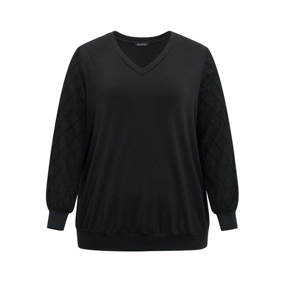 Plus Size Plain Textured Patchwork Jacquard Sweatshirt Women Black Casual Texture V-neck Dailywear Sweatshirts BloomChic 12/L Product Image