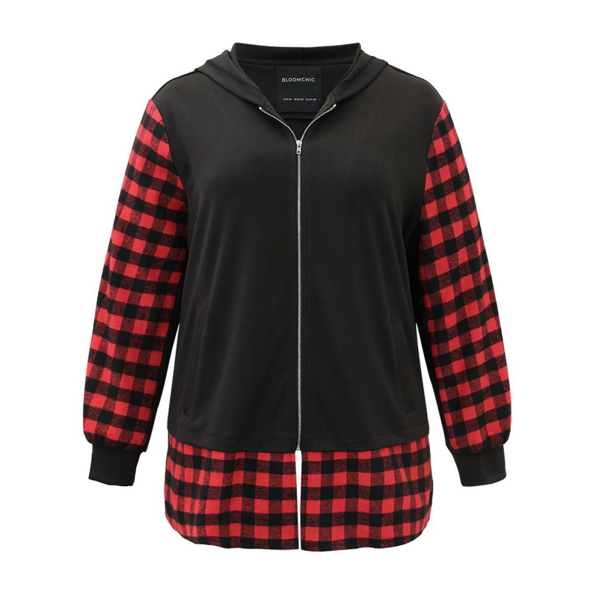 Plus Size Gingham Patchwork Hooded Zipper Contrast Coat Women Red Contrast Pocket Dailywear Jackets BloomChic 12/L Product Image