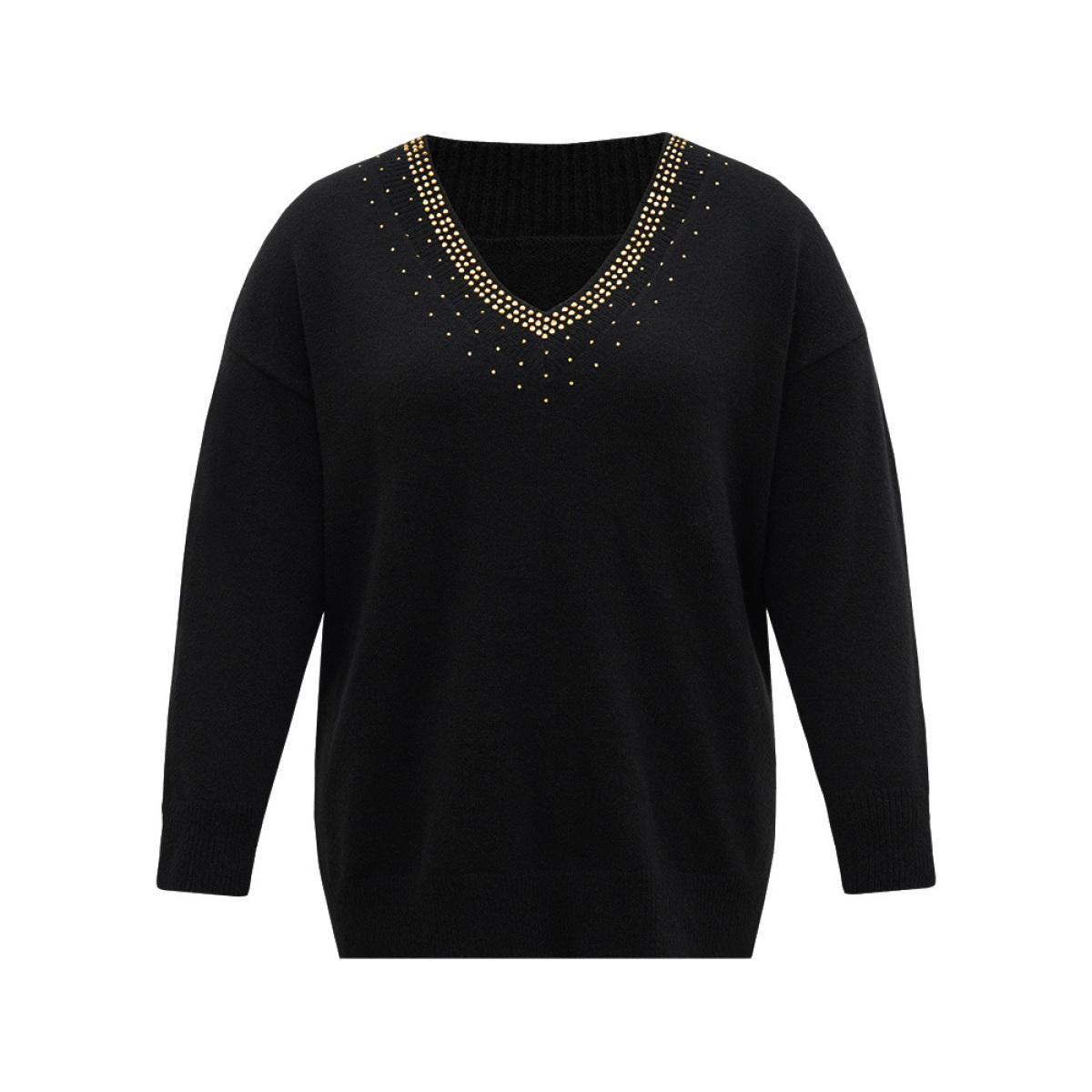 Plus Size Anti-Pilling Rhinestone Drop Shoulder Pullover Black Women Casual Loose Long Sleeve V-neck Dailywear Pullovers BloomChic 30/6X Product Image