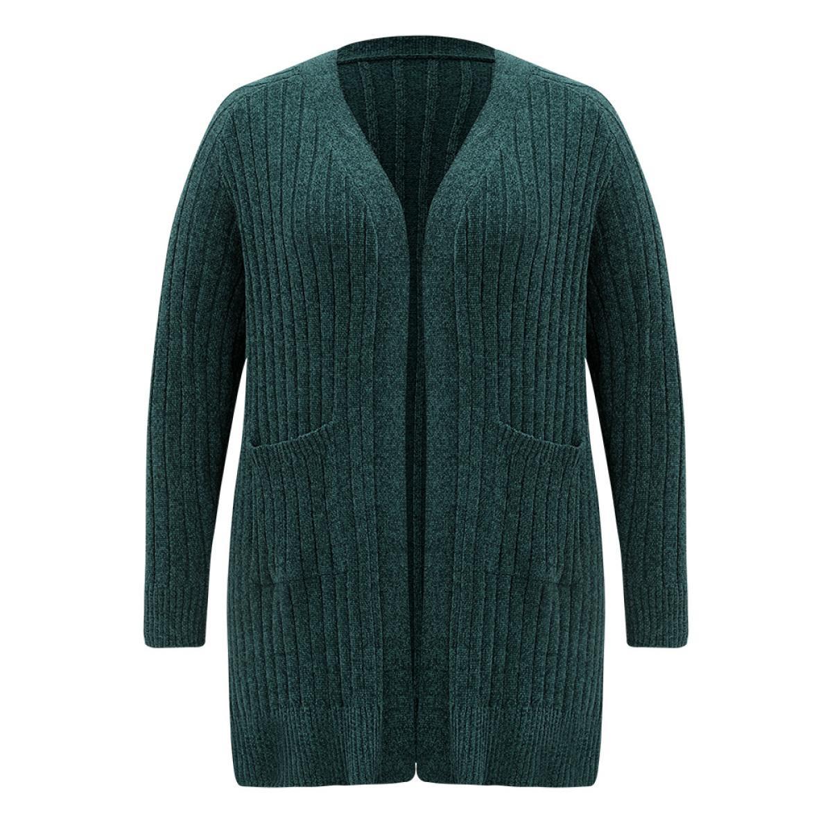 Plus Size Plisse Solid Patched Pocket Cardigan Cyan Women Casual Loose Long Sleeve Everyday Cardigans BloomChic 18-20/2X Product Image