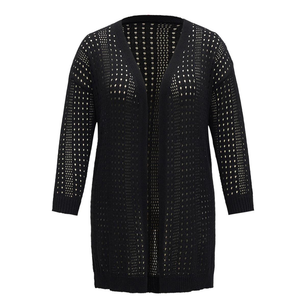 Plus Size Geometric Eyelet Drop Shoulder Split Side Cardigan Black Women Casual Loose Long Sleeve Dailywear Cardigans BloomChic 18-20/2X Product Image