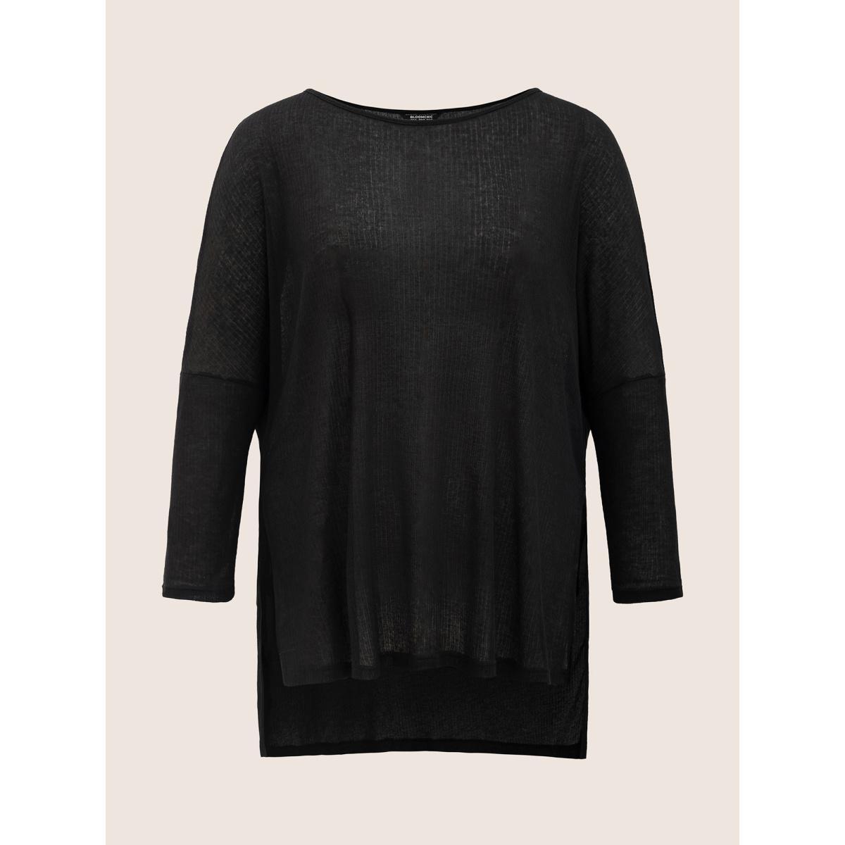 Plus Size Plain Mesh Split Side Long Sleeve T-shirt Black Women Casual Slit Round Neck Everyday T-shirts BloomChic 26/4X Product Image