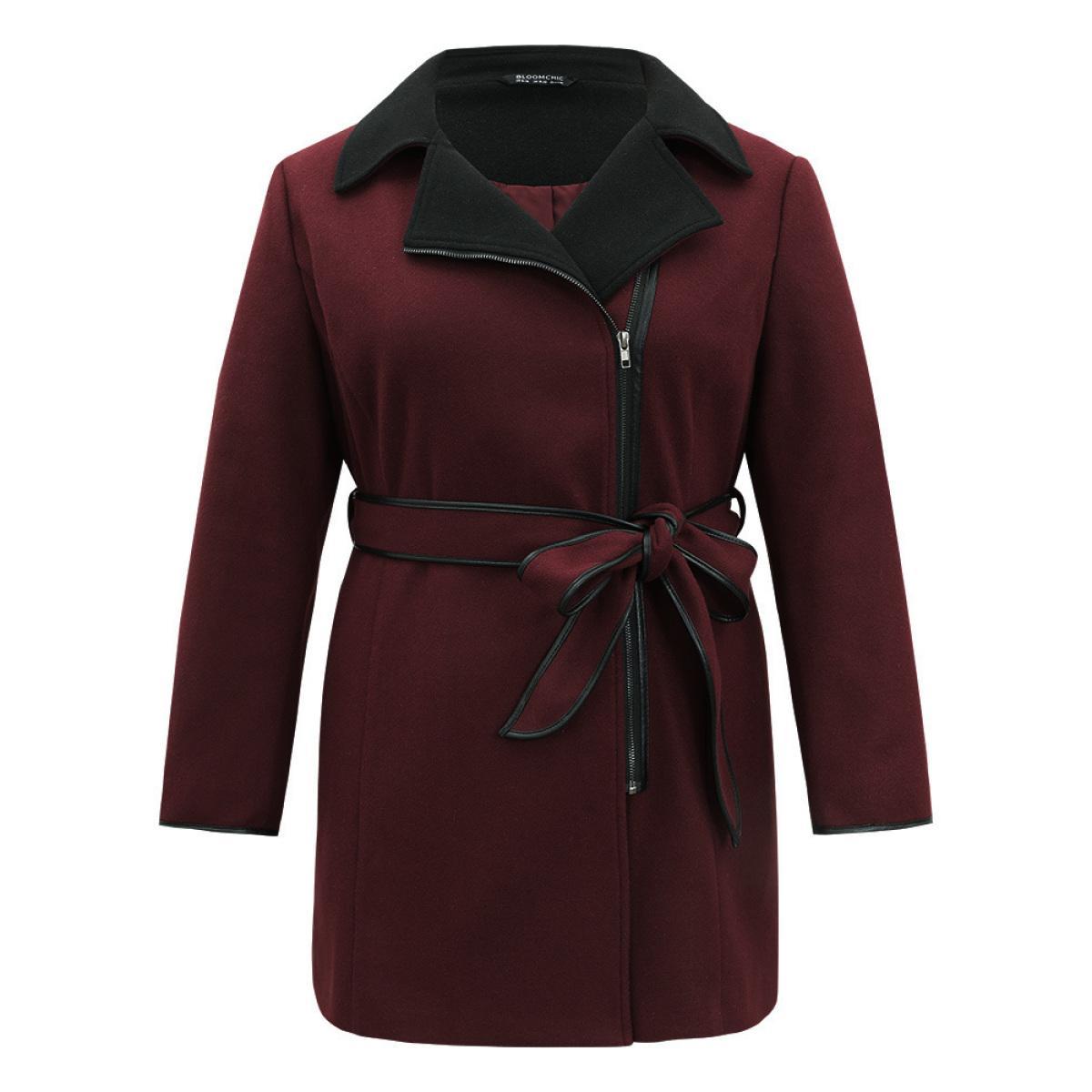 Plus Size Lapel Collar Contrast Patchwork Zipper Belted Coat Women Burgundy Casual Lined Ladies Dailywear Winter Coats BloomChic 22-24/3X Product Image