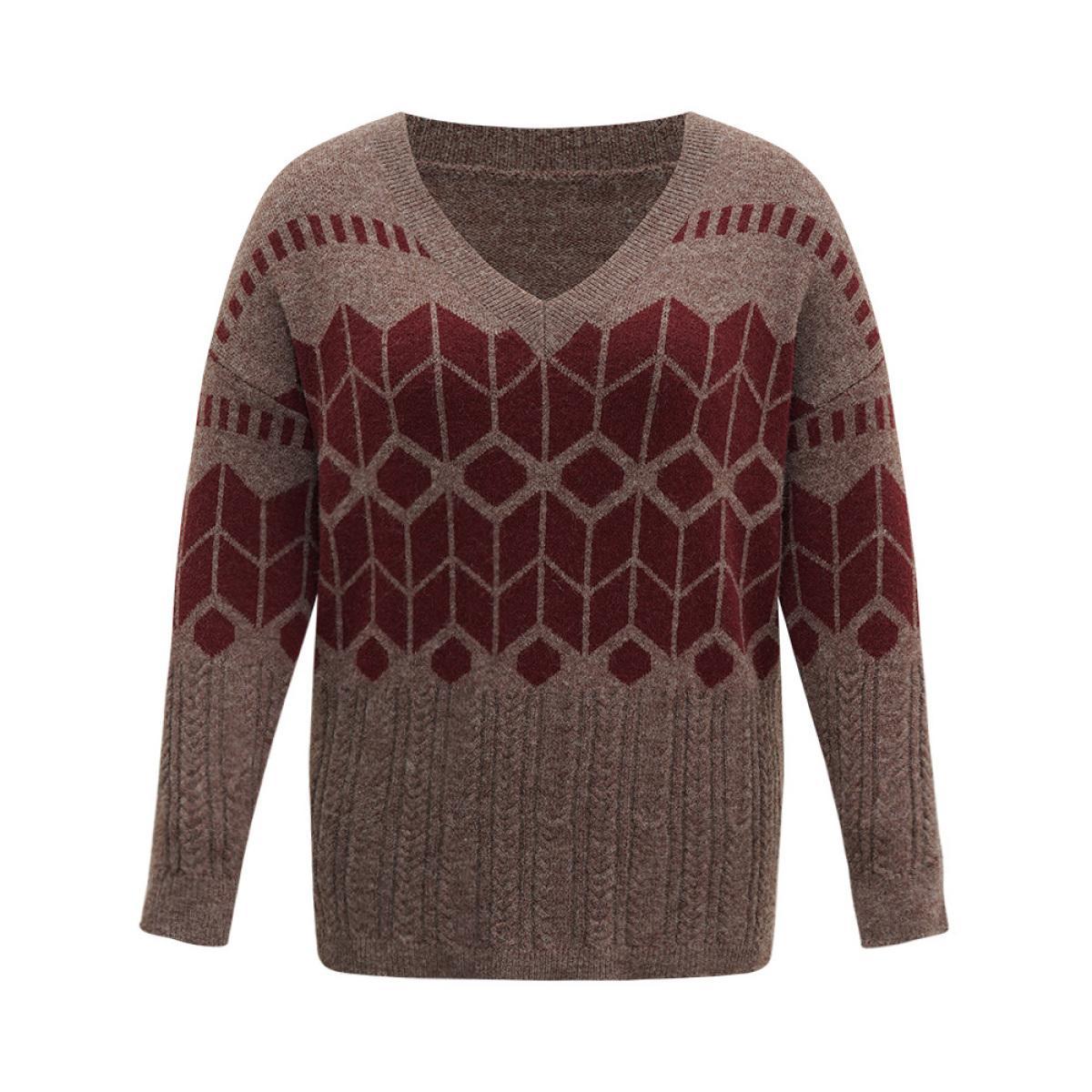 Plus Size Supersoft Essentials Geometric Knit Jacquard Pullover Burgundy Women Casual Loose Long Sleeve V-neck Dailywear Pullovers BloomChic 26/4X Product Image