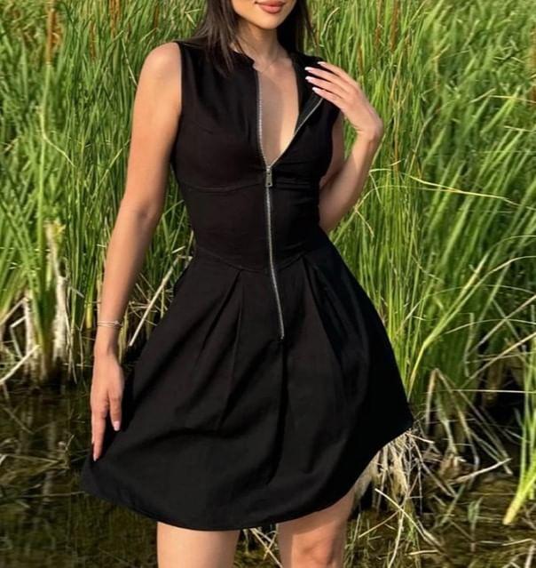 Sleeveless Plain Zip-Up Slim-Fit Mini A-Line Dress Product Image