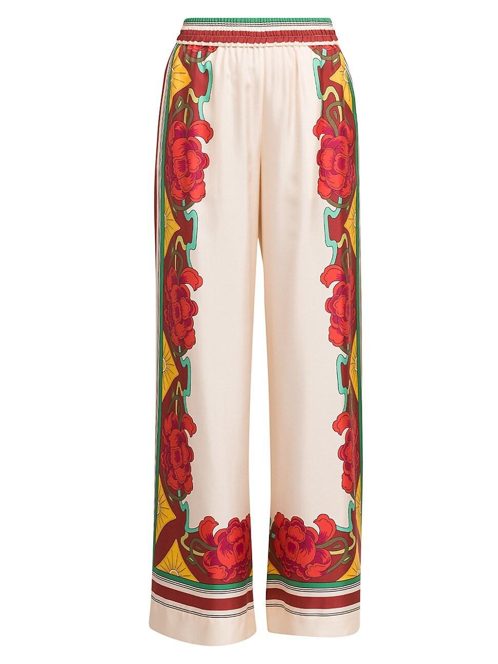 Wide-Leg Silk Palazzo Pants with Floral Detail  Product Image