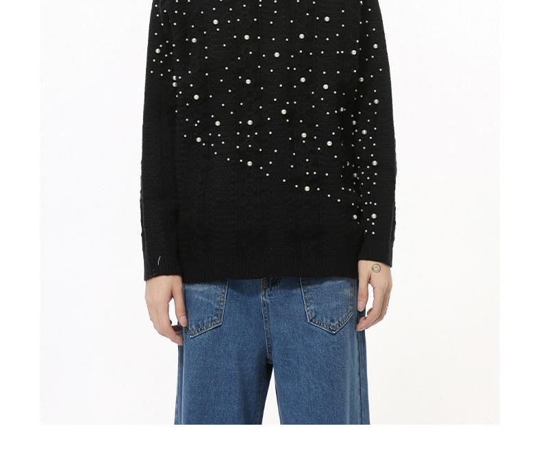 Round Neck Faux Pearl Cable Knit Sweater Product Image