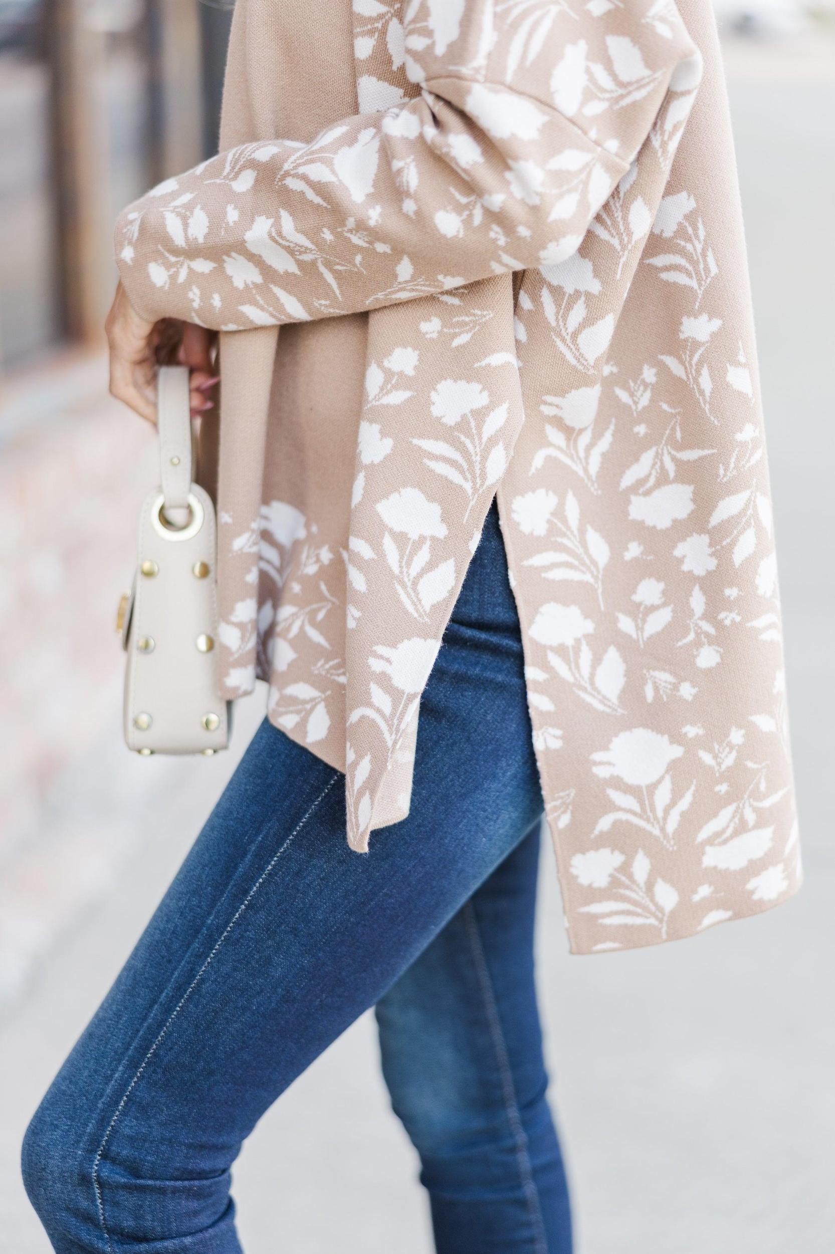 All In Theory Taupe Brown Floral Sweater Tunic Female Product Image