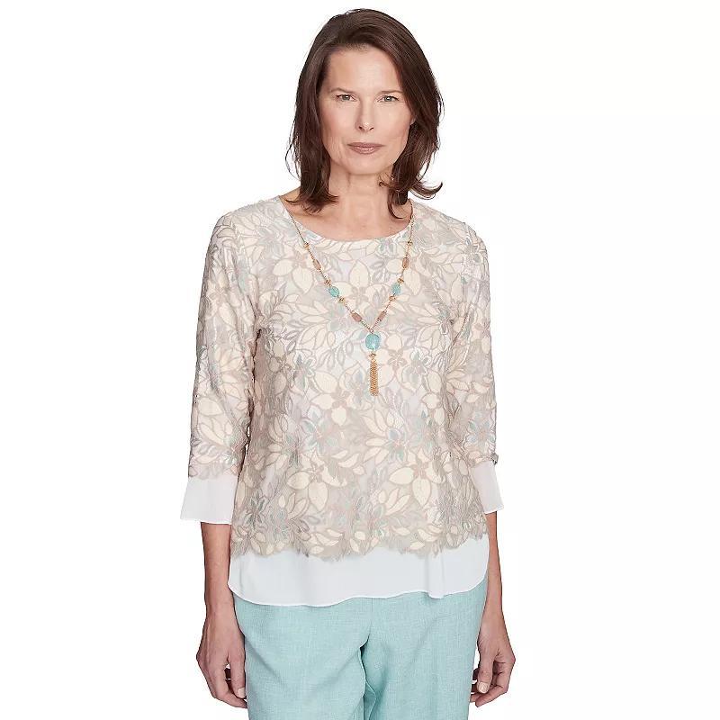 Petite Alfred Dunner Floral Lace Woven Trim Top with Necklace, Women's, Size: Small Petite, Neutral Team Product Image