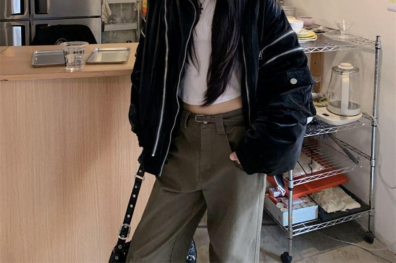 Stand Collar Plain Zip-Up Bomber Jacket / Mid Waist Wide Leg Cargo Jeans Product Image