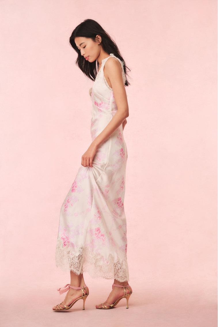Serene Satin Lace-Trimmed Maxi Dress Product Image