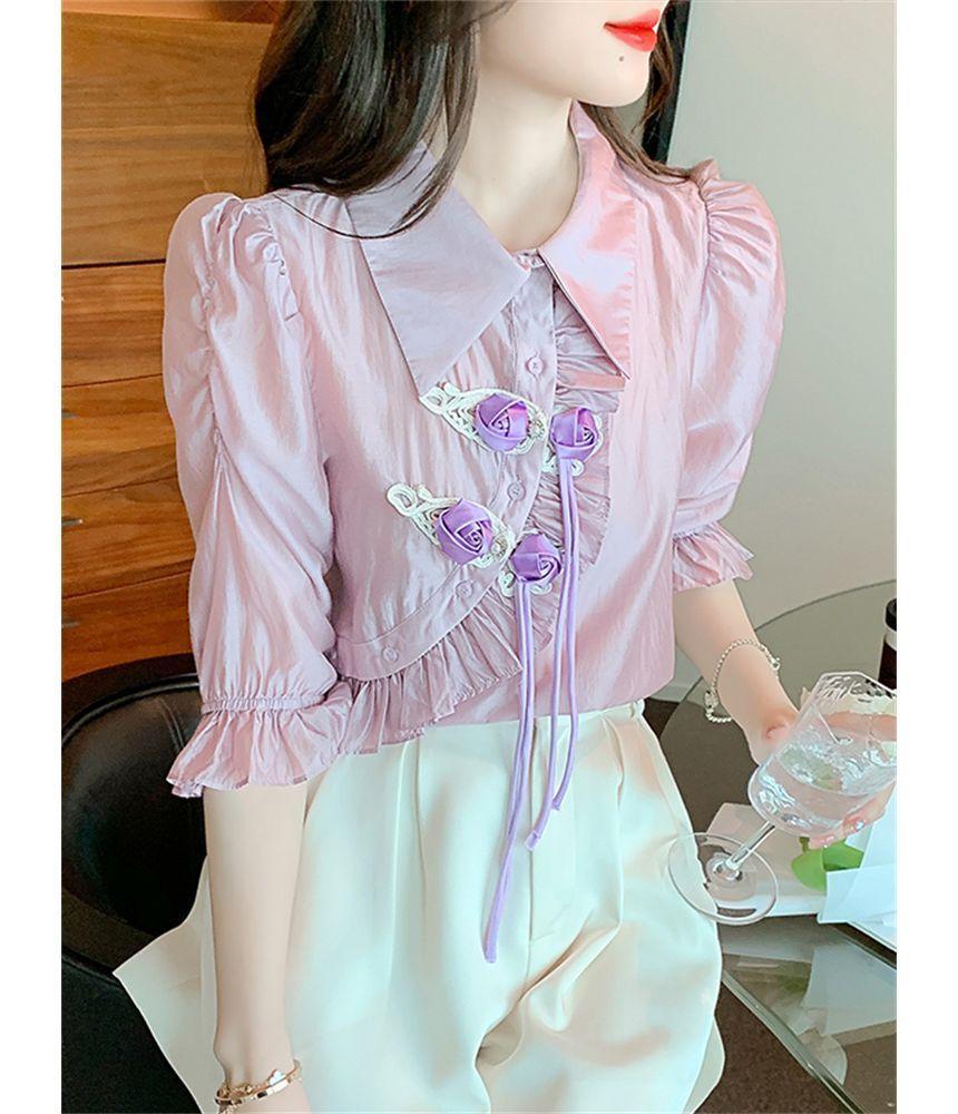 Puff-Sleeve Plain Flower Detail Blouse Product Image