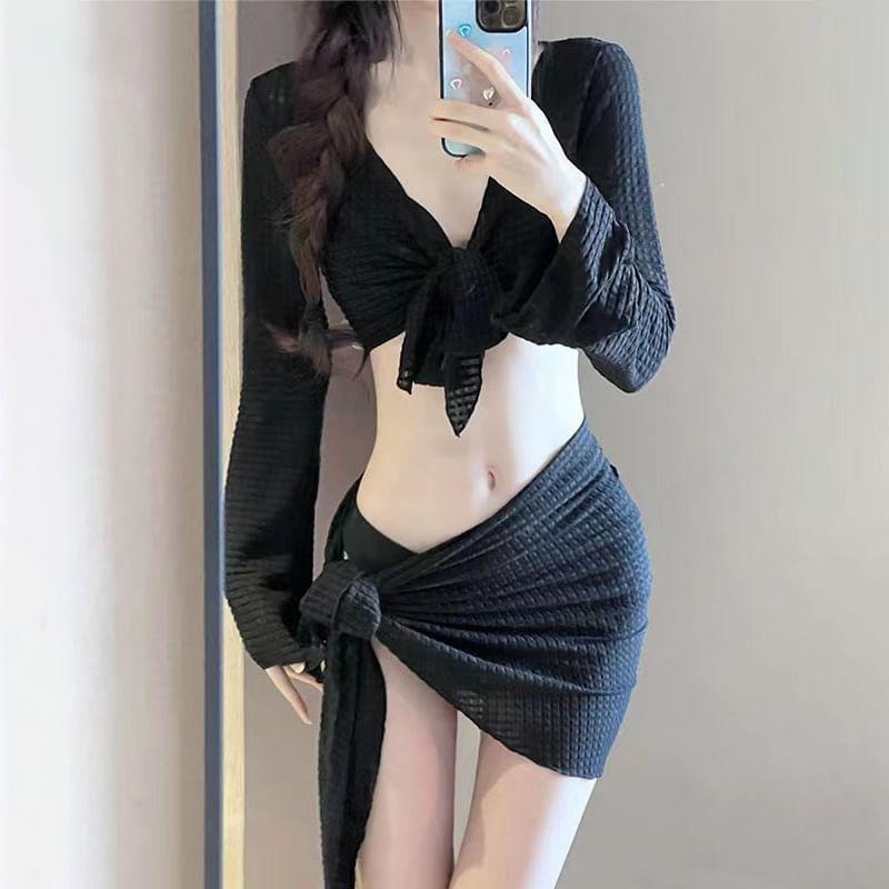 Set: Plain Cover-Up Jacket + Bikini Top + Bottom + Cover-Up Skirt Product Image
