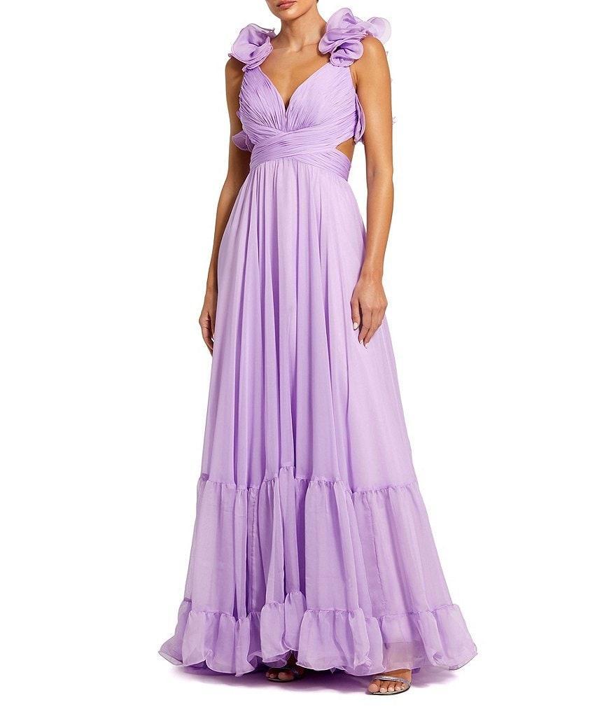 Ieena Mac Duggal Chiffon V-Neck Sleeveless Cut-Out Strappy Back Detail Tiered Ruffle Hem Gown Product Image