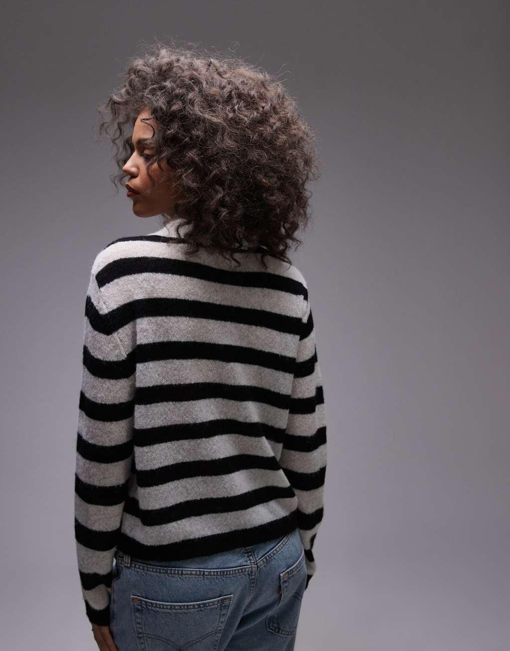 Topshop knit light weight striped polo shirt in black and white Product Image