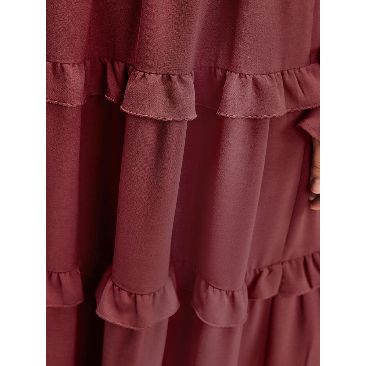 Plus Size Solid Lantern Sleeve Pocket Ruffle Hem Dress Russet Women Elegant V-neck Long Sleeve Curvy Long Dress BloomChic 22-24/3X Product Image