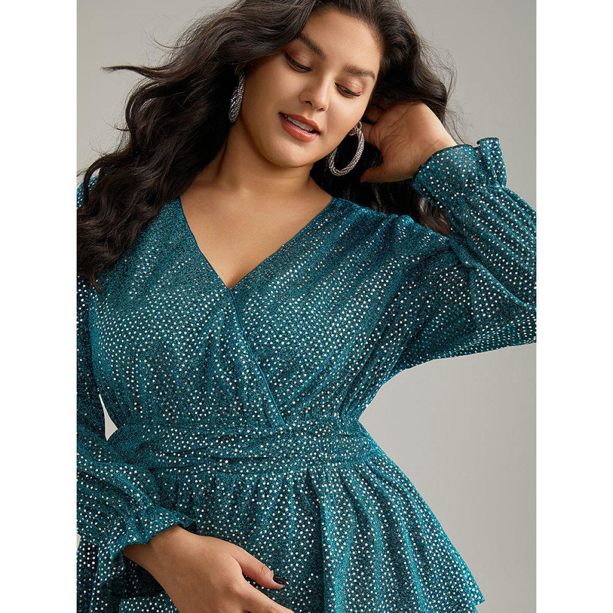 Plus Size Emerald Sequin Wrap Ruffles Ruched Lantern Sleeve Blouse Women Glamour Long Sleeve V-neck Festival-Christmas Blouses BloomChic 28/5X Product Image