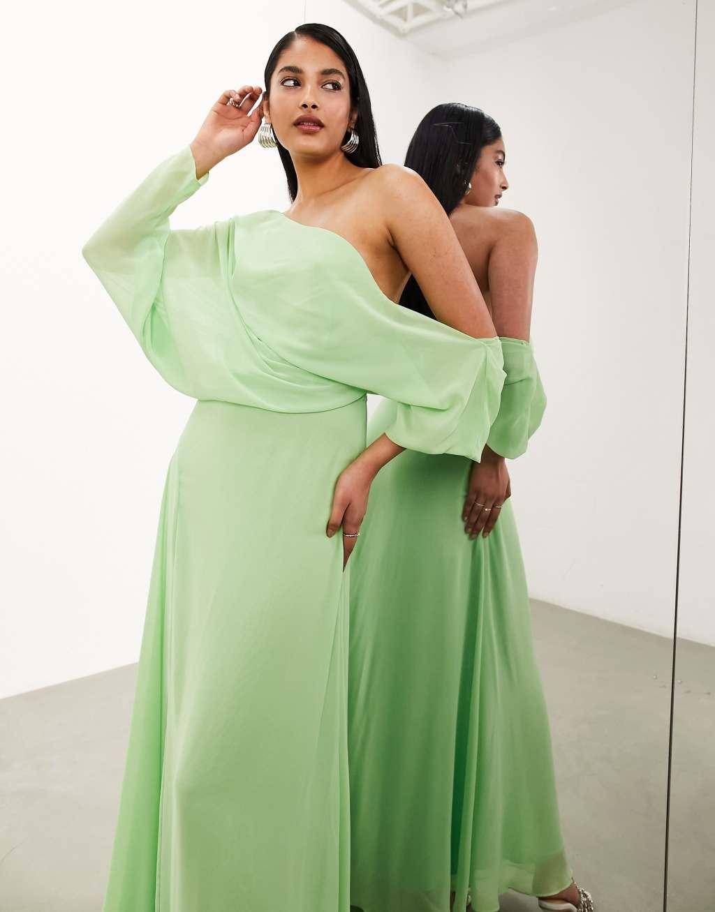 ASOS EDITION chiffon draped off shoulder maxi dress with full skirt Product Image