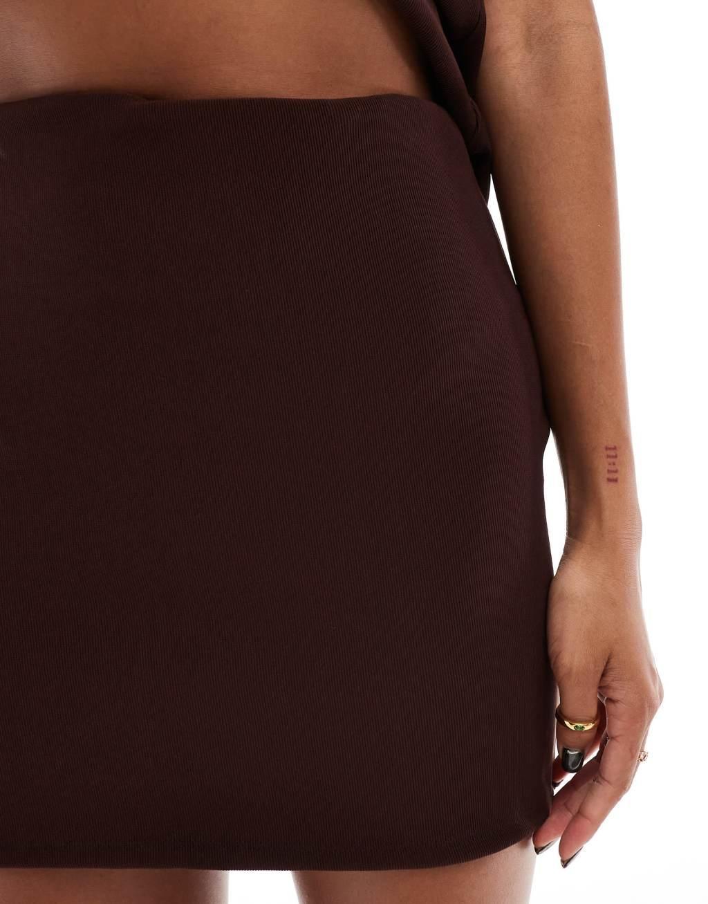 ASOS DESIGN ribbed mini skirt in chocolate - part of a set Product Image