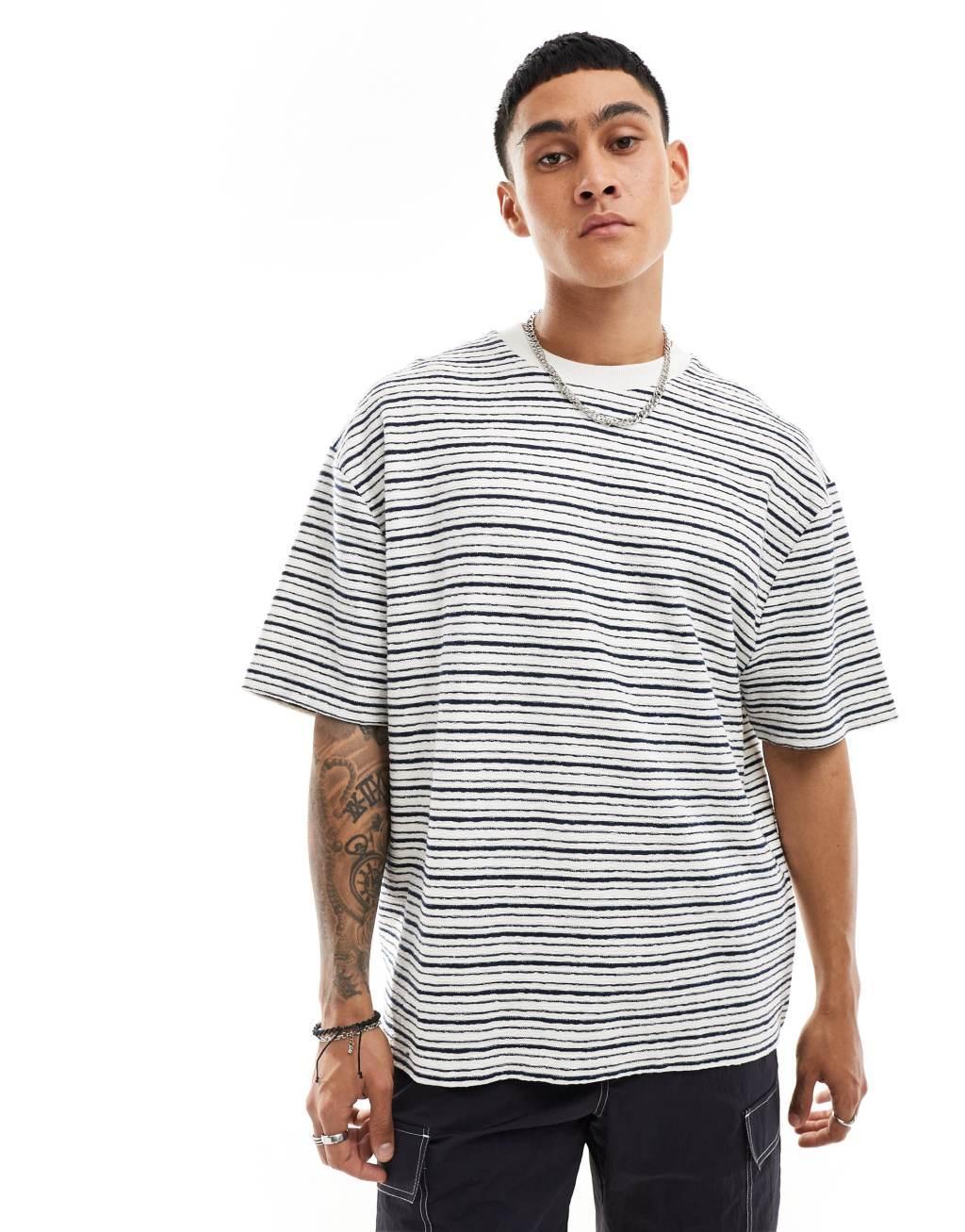 ASOS DESIGN oversized textured stripe t-shirt in blue stripe Product Image