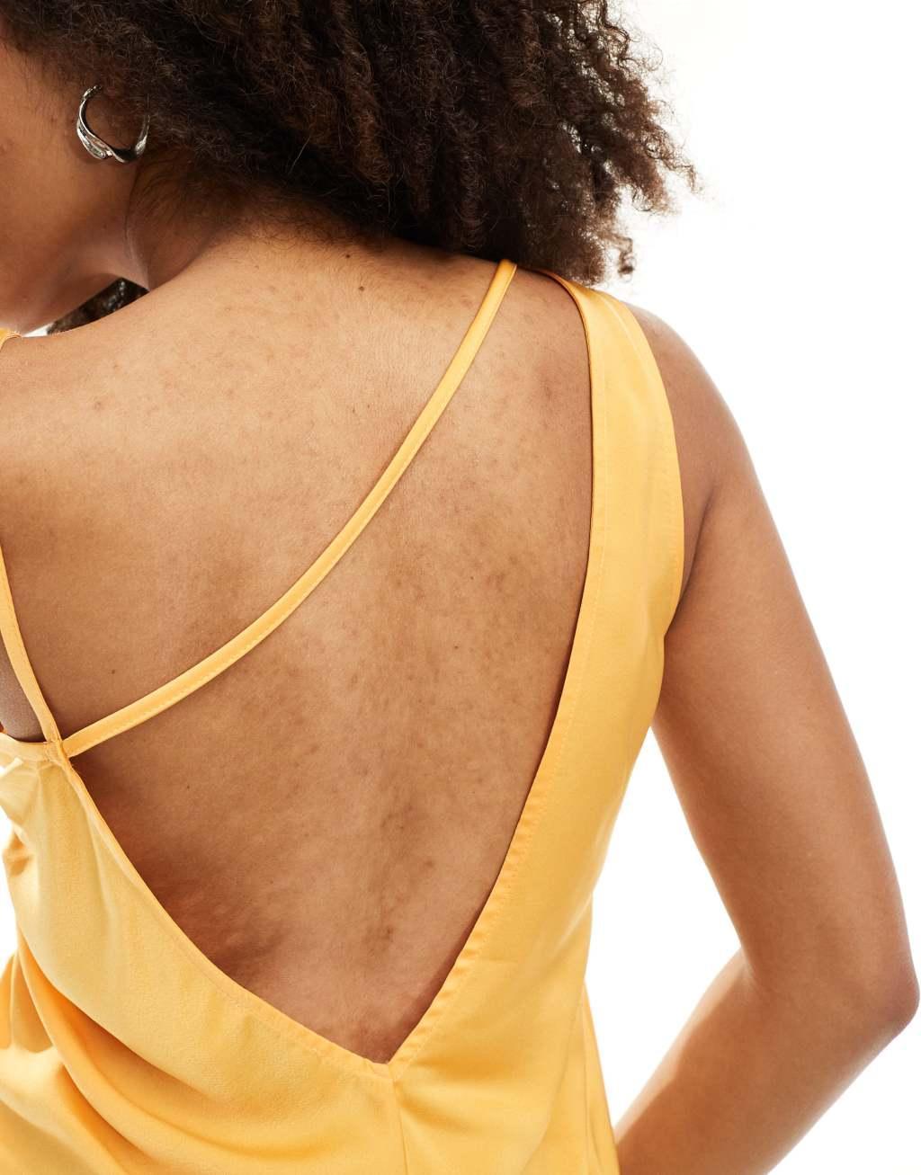 ASOS DESIGN satin ruched side mini dress with asymmetric straps in orange Product Image