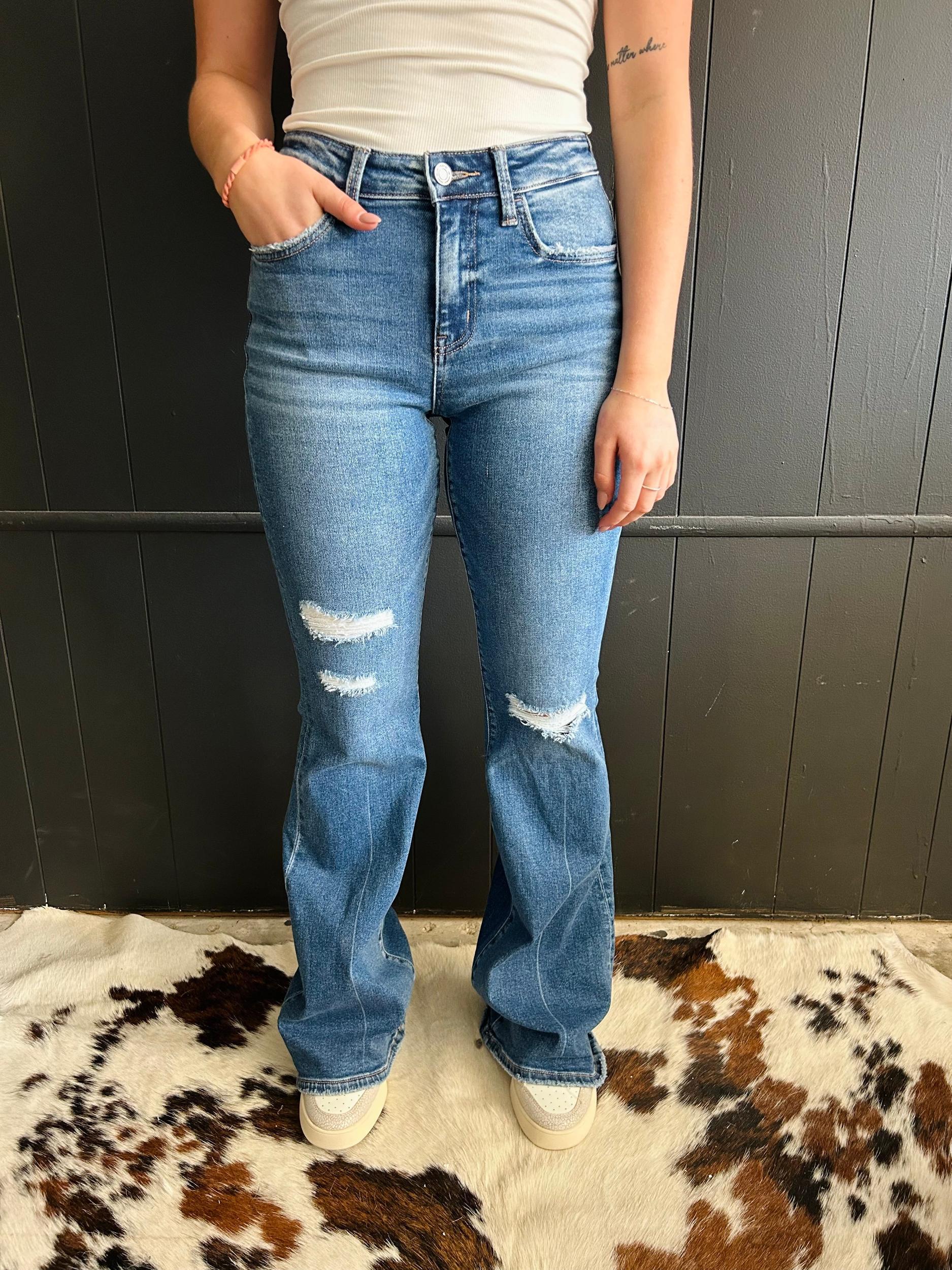 Mid Rise Classic Flare Distressed Jeans Product Image
