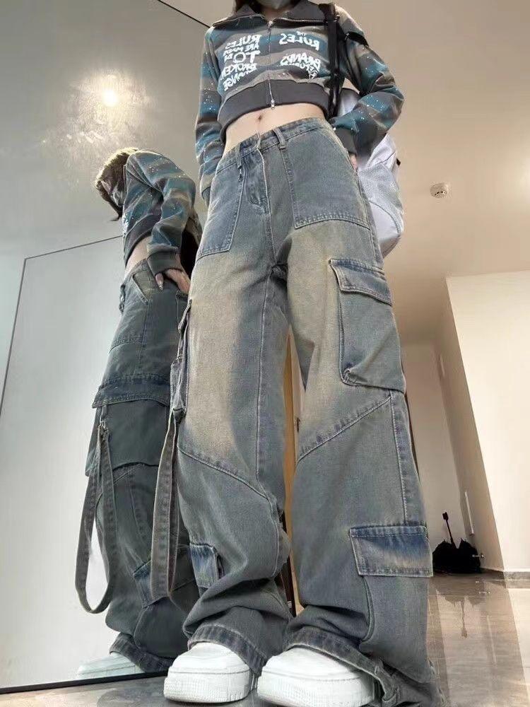 Mid Rise Washed Wide Leg Cargo Jeans Product Image