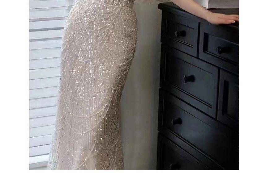 Puff-Sleeve Off-Shoulder Sequin Bow Back Faux Pearl Mermaid Wedding Gown Product Image