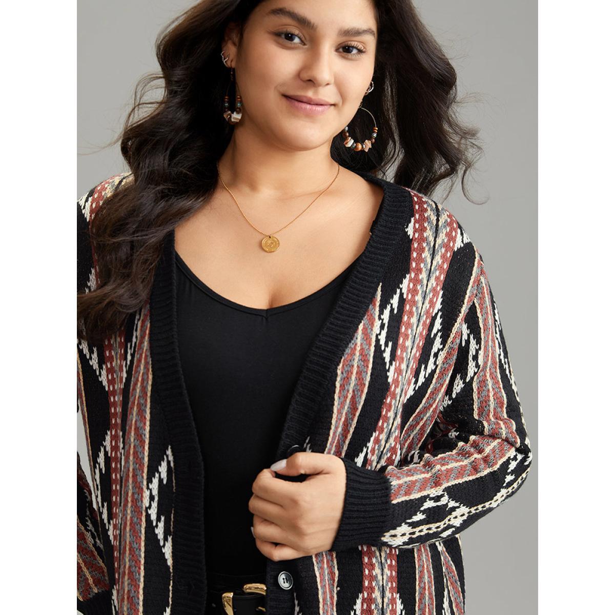 Plus Size Bandana Print Button Down Patched Pocket Tunic Cardigan Multicolor Women Casual Loose Long Sleeve Dailywear Cardigans BloomChic 30/6X Product Image
