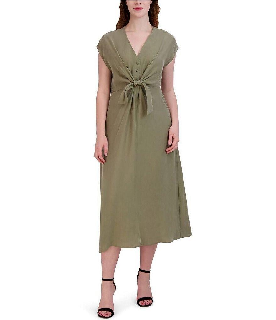 Julia Jordan V-Neck Short Sleeve Button Tie Front Midi Dress Product Image