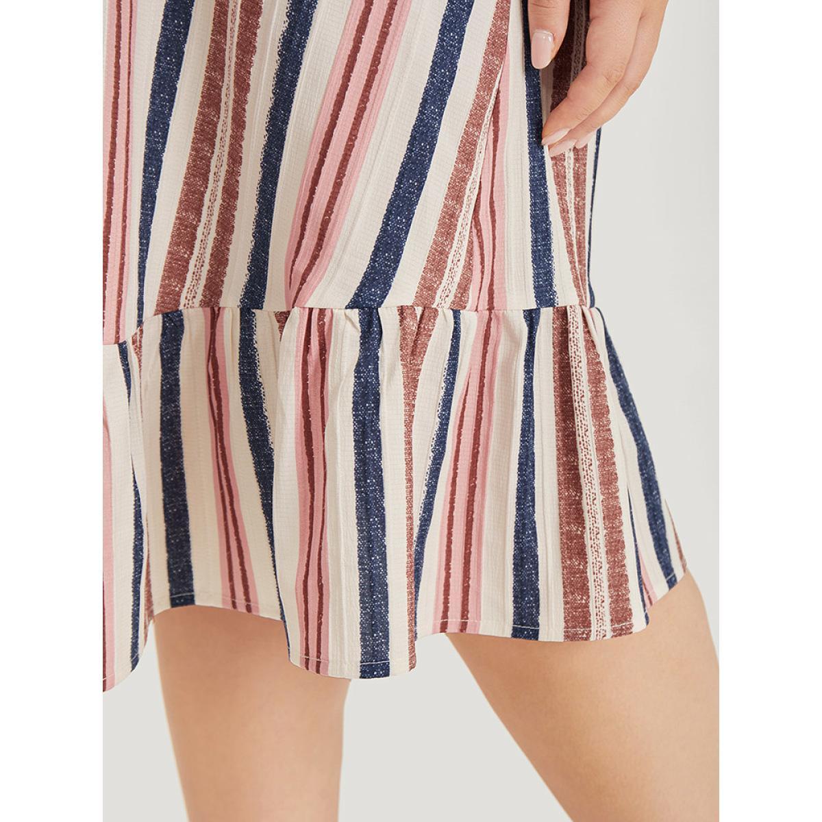 Plus Size Striped Button Detail Pocket Ruffle Hem Dress Multicolor Women Vacation Gathered V-neck Short sleeve Curvy Knee Dress BloomChic 28/5X Product Image