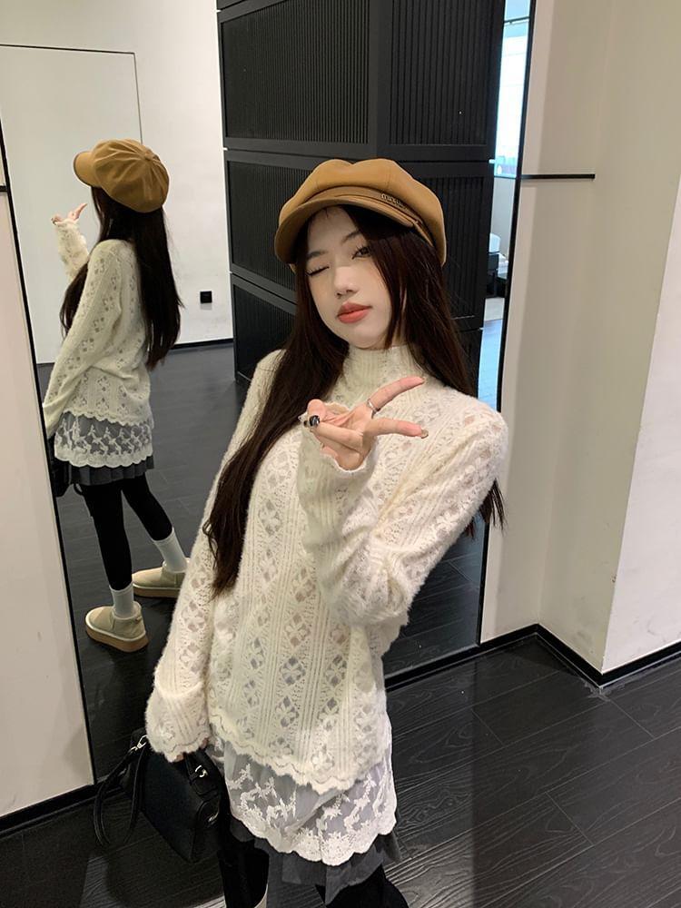 Long Sleeve Mock Neck Plain Panel Lace Top Product Image