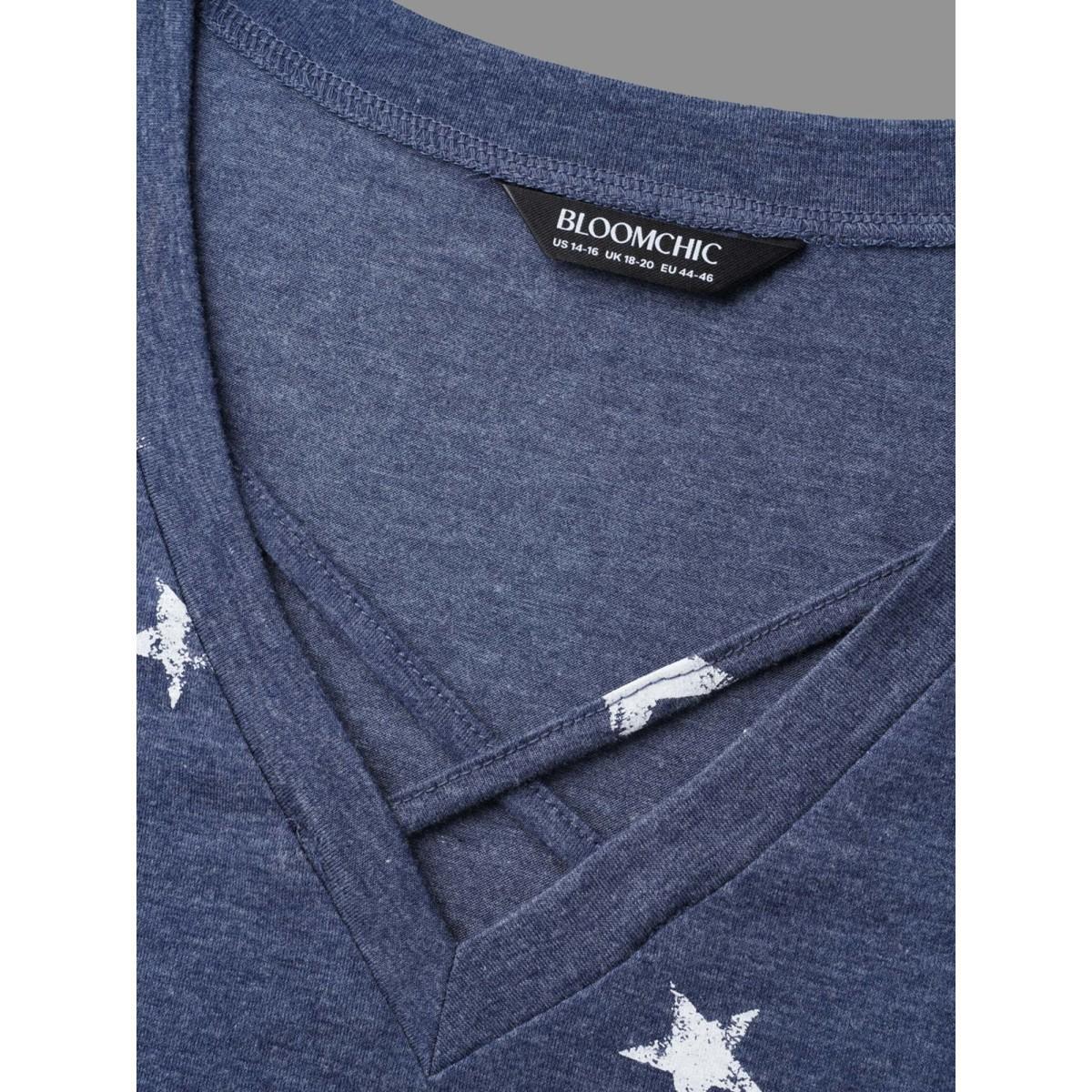 Plus Size Star Print Crisscross Cut-Out T-Shirt Indigo Women Casual Cut-Out Star and moon V-neck Everyday T-shirts BloomChic 18-20/2X Product Image