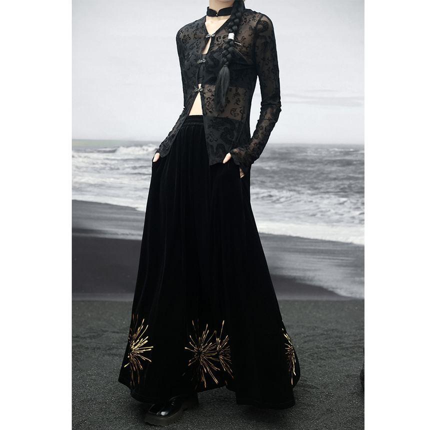 High Rise Flower Embroidered Maxi A-Line Skirt Product Image