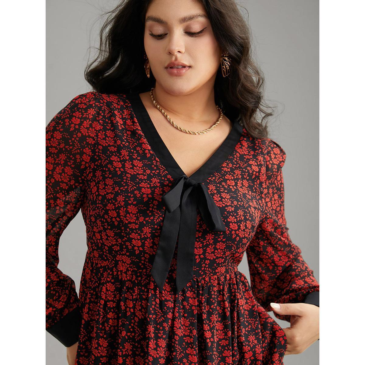 Plus Size Ditsy Floral Patchwork Elastic Waist Ties Dress Black Women Vacation Cross straps Tie Neck Long Sleeve Curvy Midi Dress BloomChic 26/4X Product Image